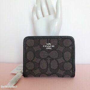 COACH Small Zip Around Wallet  With ID Window In Signature Jacquard -Black SB⭐